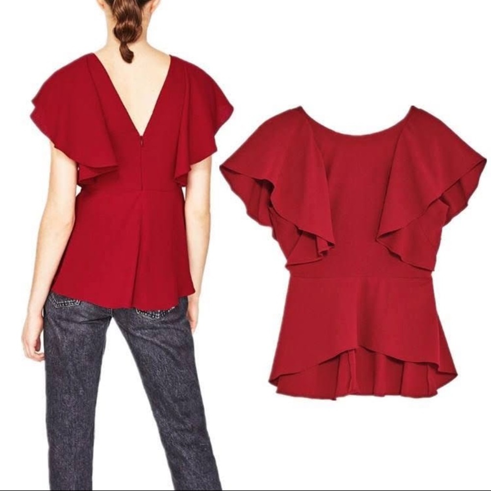 ZARA - Elegant Red Ruffle Sleeve Top